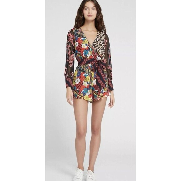 Alice + Olivia Nelia Wide Sleeve Romper Multicolor Patchwork Print Floral Size 2 - Picture 1 of 16